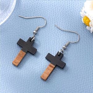 Minimalist Black and Brown Cross Earrings Wood Acrylic
